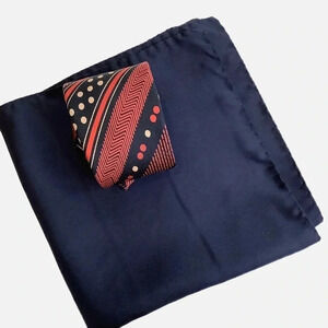 Vintage G Binda Italian Silk Tie Pocket Square Set Navy Coral Dot Stripe